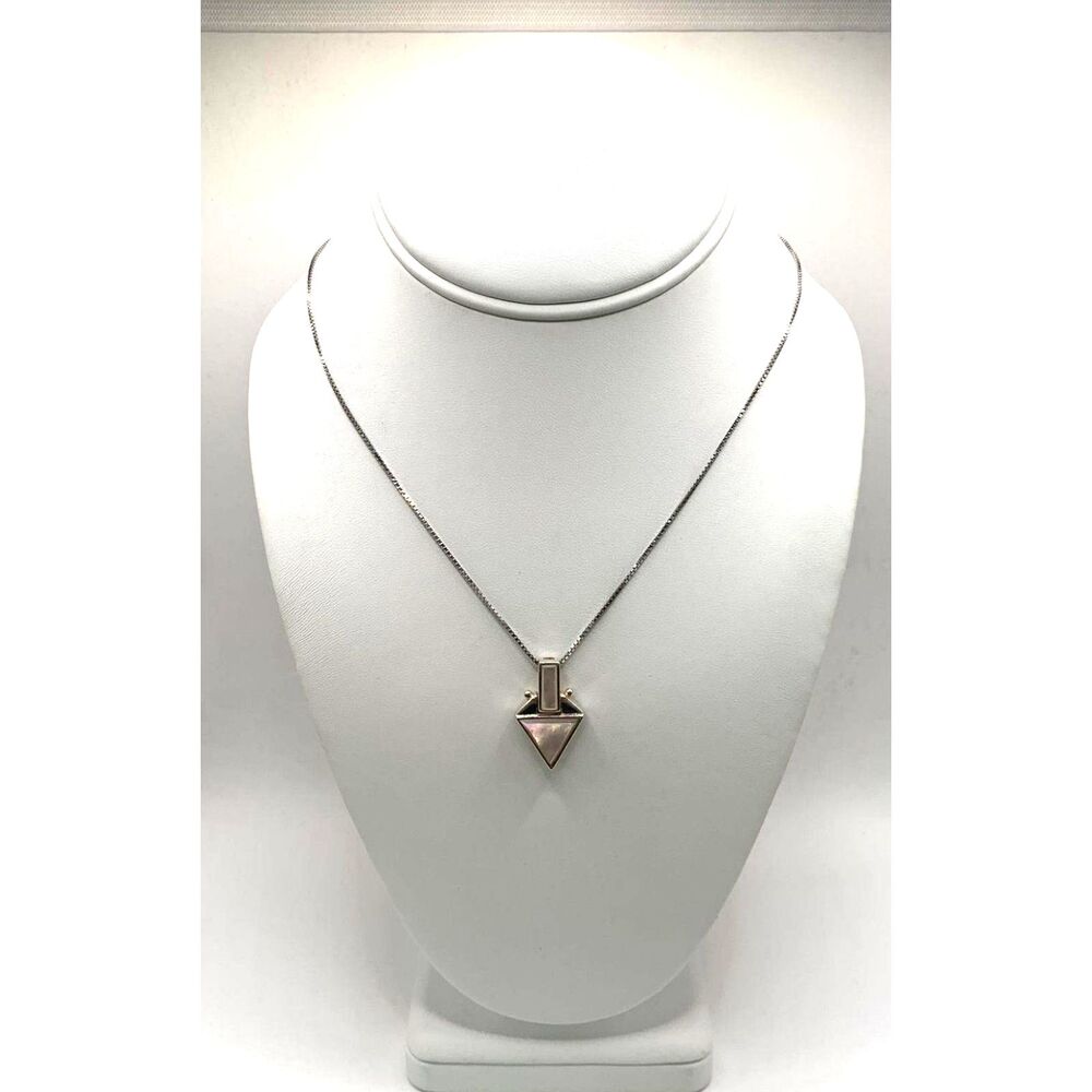Sterling Silver 925 Mother of Pearl Geometric Pendant Box Chain Necklace 18"